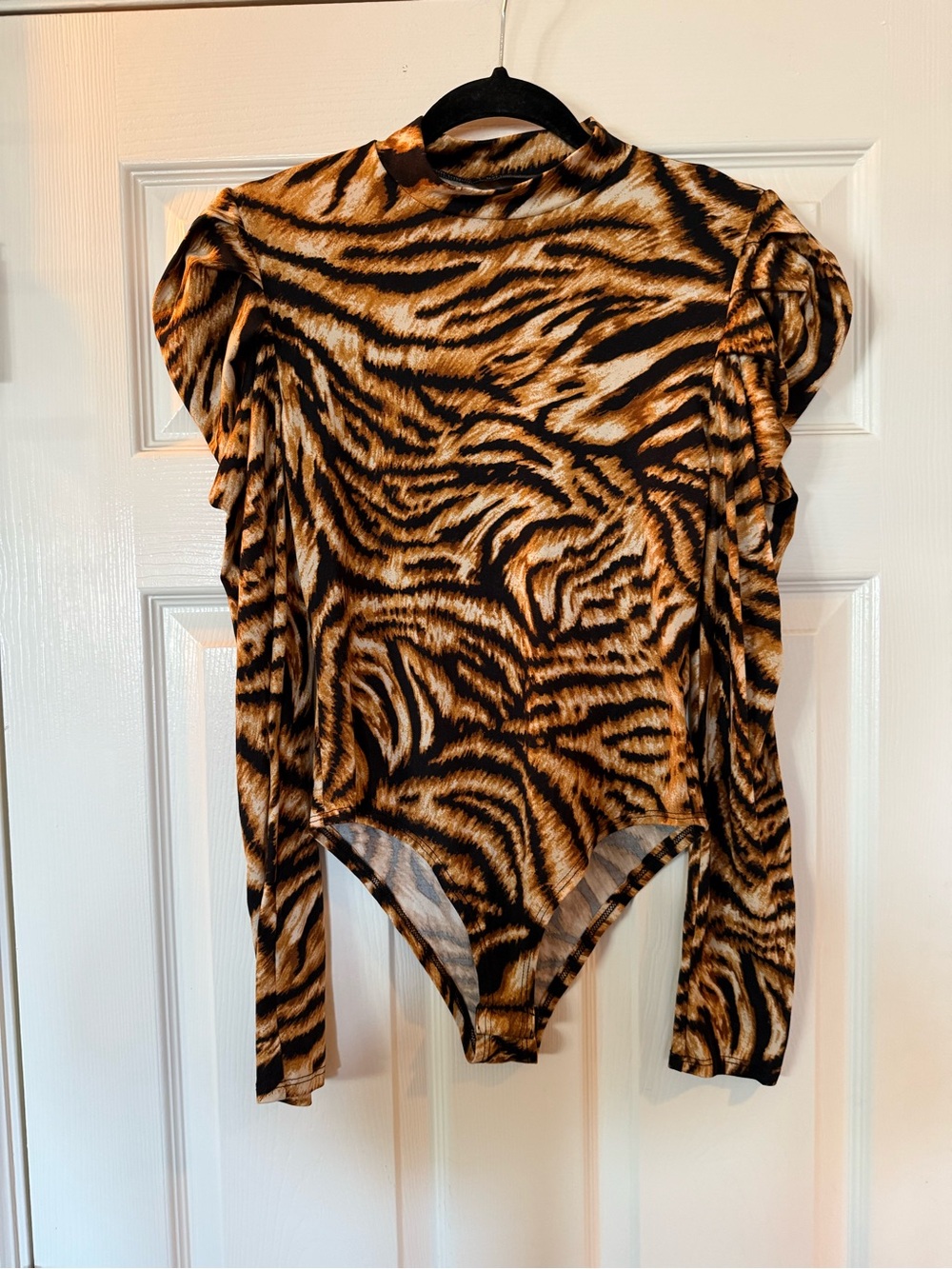 Tiger Print Mock Neck Long Sleeve Bodysuit - Brown